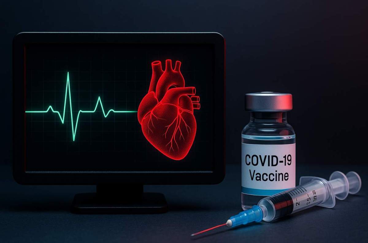 Ιατρικό monitor με καρδιογράφημα και φιαλίδιο εμβολίου COVID-19